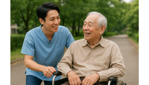 男性介護士と車椅子利用者