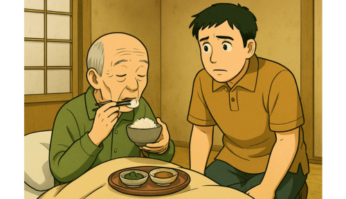 布団で食事をする利用者
