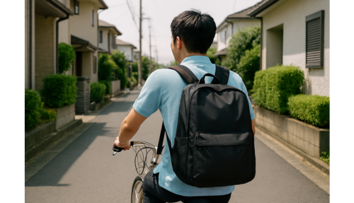 男性介護士自転車後ろ姿