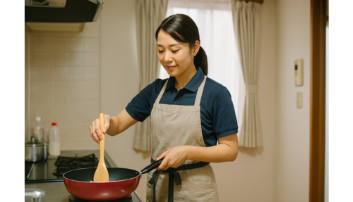 利用者宅で調理する介護士