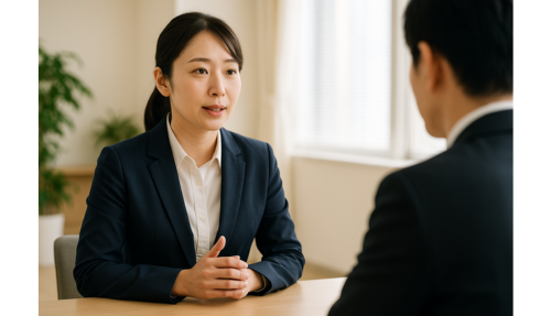 介護職の面接で、清潔感のある服装で受け答えする応募者の様子。