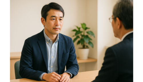介護職の面接でネイビーのジャケットを着た男性応募者が、清潔感のある印象で面接官と向き合っている。