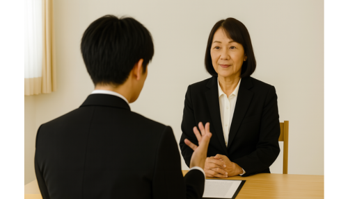 面接官に説明する男性応募者