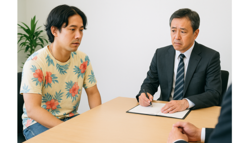 介護職の面接でカジュアルすぎる服装をした応募者の例。Tシャツやジーンズ姿で面接を受けており、面接官が困惑している様子。介護面接で避けるべき服装を示す写真。