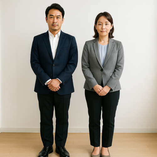 40代の男女応募者が介護職の面接にふさわしい清潔で落ち着いた服装で並んで立つ様子。全身が見える構図で、誠実で安心感のある印象。
