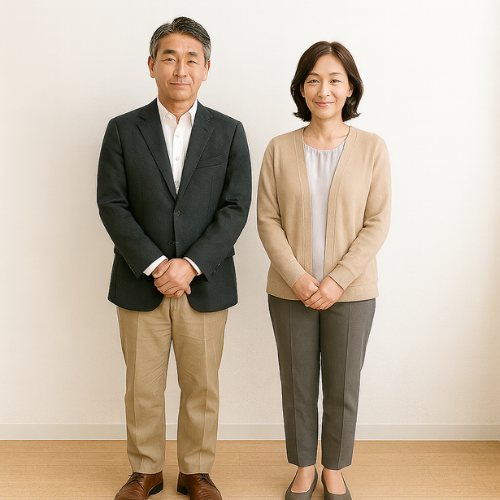 50代の男女応募者が落ち着きと清潔感のある服装で介護職の面接に臨む様子。全身が見える構図で、穏やかで信頼感のある印象。