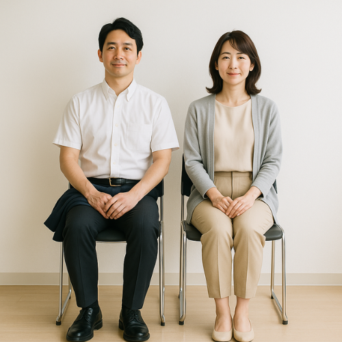 夏の介護面接に向かう男女。半袖シャツとカーディガンで清潔感のある服装。