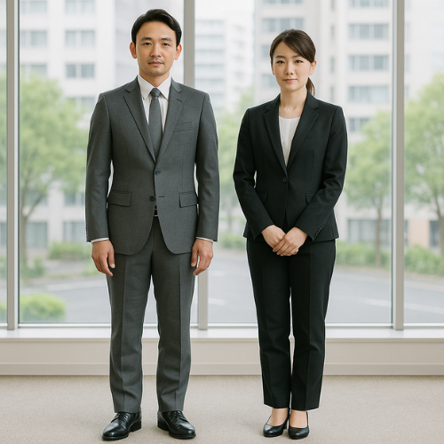 介護面接での正社員向けスーツスタイルの男女。シンプルで清潔感のある服装。