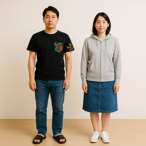 介護職の面接に来た男女の応募者。男性はサンダルとTシャツ、女性はパーカーとスカートで、カジュアルすぎるNG例。