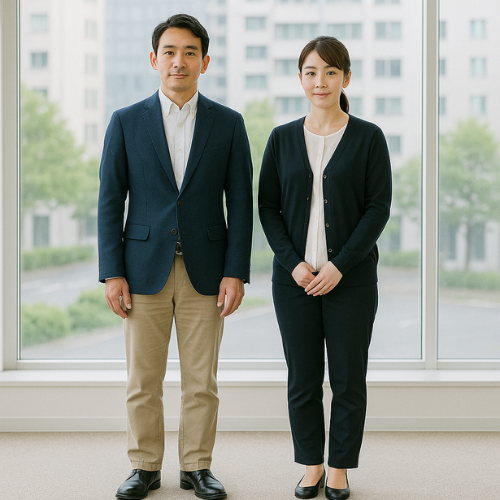 訪問介護の面接にふさわしい清潔感のある服装例。スーツがなくてもきちんと見える印象の男女。